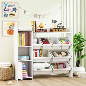 Móvel de arrumação para crianças dos 3 aos 8 anos 112,5 L x 30 P x 100 A cm, arrumação de brinquedos com 8 caixas removíveis, prateleiras de arrumação
