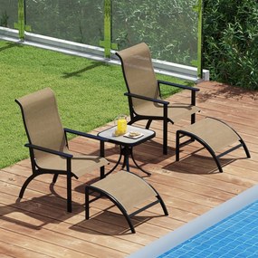 Conjunto de móveis de jardim de 5 peças Cadeiras ergonómicas com apoio para os pés e mesa auxiliar Castanho
