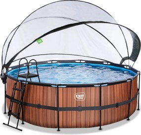 Piscina redonda Wood ø427x122cm com bomba de filtro de areia e cobertura cúpula  - castanha