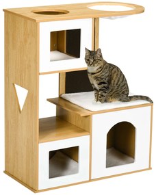 PawHut Casa para Gatos com 3 Casas de Madeira Almofadas Laváveis Placa de Arranhar e Rede 76x37x92,5cm Carvalho