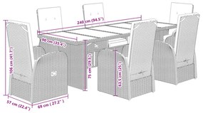 7 pcs conjunto de jantar p/ jardim c/ almofadões vime PE cinza