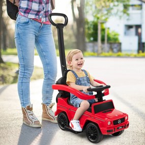 Carro de passeio 3 em 1 para crianças com capota ajustável, alça para os pais, barra de apoio para os braços, som de motor e buzina vermelho