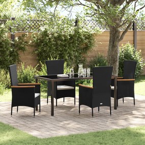 vidaXL Conjunto de Jantar de Jardim de 5 Peças com Almofadas Rattan Polímero Preto