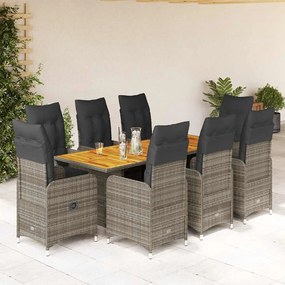 9 pcs conjunto bistrô de jardim c/ almofadões vime PE cinzento
