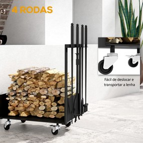 Suporte para Lenha com Rodas Estante para Lenha Metálico de Exterior com Pá Escova Atizador e Tenazes 48x30x76 cm Preto