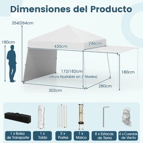 Tenda Pop up, jardim, feiras, eventos 430 x 280 cm (COM TOLDO) com 2 paredes laterais conversíveis, 2 alturas ajustáveis, bolsa de transporte, branca