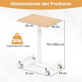 Secretária elevável com pés móveis e altura ajustável, 4 rodas giratórias, base em forma de H para escritório, 65 x 48 x 74,5-108,5 cm, natural