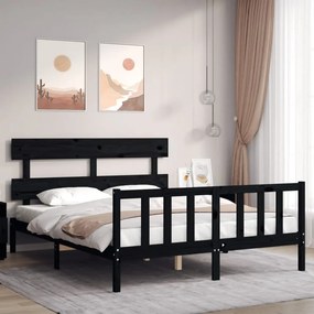 vidaXL Estrutura de cama King Size com cabeceira madeira maciça preto