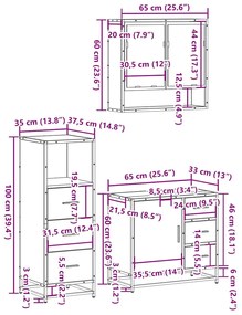 3 pcs Conjunto móveis casa de banho madeira proc. cinza sonoma
