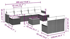 10 pcs conjunto sofás de jardim c/ almofadões vime PE preto