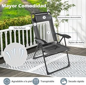 Conjunto de 2 cadeiras de jardim dobráveis para pátio com braços largos, encosto de 7 níveis, assento respirável e estrutura metálica cinzenta