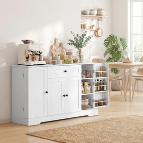 Armário de cozinha 140 x 40 x 80 cm, com gaveta, 4 portas com fecho suave, suportes para copos e prateleiras ajustáveis, branco