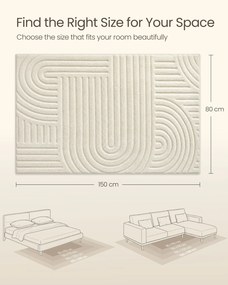 Tapete sala, quarto 3D 150 x 80 cm, lavável na máquina, antiderrapante branco creme