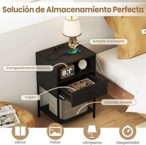 Conjunto de 2 mesas de cabeceira, mesas apoio 40 x 32 x 65 cm com Estação de carregamento, Compartimento aberto Gaveta Pretas