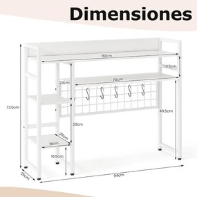 Estante de secretária sobre mesa com 4 níveis e compartimento aberto na parte traseira, 6 ganchos  94 x 25 x 73,5 cm branca