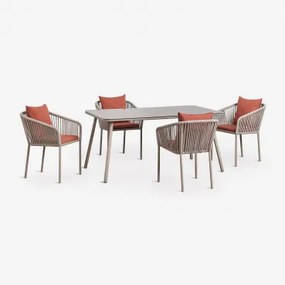 Conjunto De Mesa Retangular 160x90 Cm E 4 Cadeiras De Jantar Em Corda Trançada Arhiza Classic Castanho Moka - Terracota - Sklum