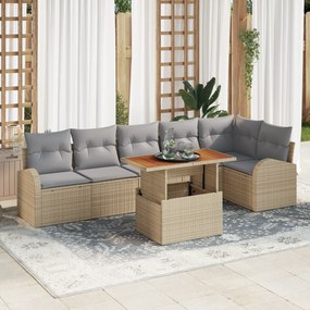 Conjunto de Sofá de Jardim vidaXL 7 Peças com Almofadas Bege Rattan Po