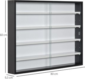 Vitrine de Parede de Madeira com Prateleiras Ajustáveis e 2 Portas Corredeiras de Vidro para Coleções Perfumes Bonecos de Decoração 80x9,5x60cm Preto