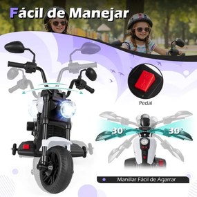 Mota elétrica infantil de 6 V com farol LED, música, 2 rodas, pedais de treino e espelhos retrovisores – a partir dos 18 meses – Preto + Branco