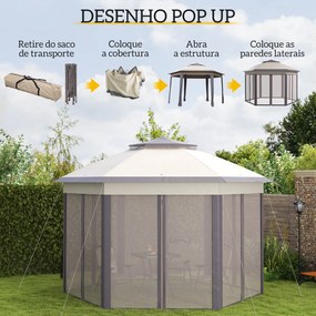 Tenda Dobrável 4x3,4 m Hexagonal com Duplo Teto 6 Mosquiteiras Destacáveis e Saco de Transporte Castanho e Bege