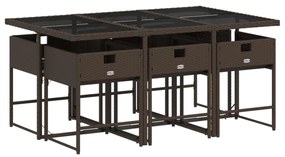 7 pcs conjunto jantar p/ jardim c/ almofadões vime PE castanho
