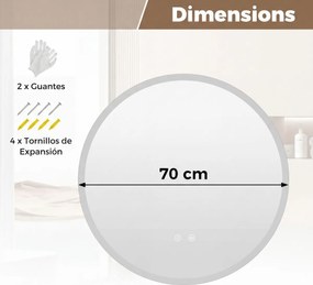 Espelho de casa de banho LED redondo de 70 cm com 3 cores de luz, regulação da intensidade, antiembaciamento e memória Prata