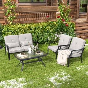 Conjunto de jardim de exterior 4 peças com 2 cadeiras individuais Cadeira de 2 lugares Mesa em vidro temperado Cinzento
