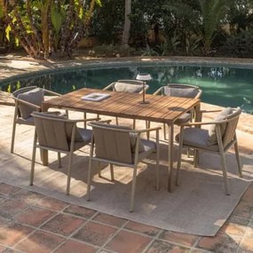 Conjunto De Mesa Retangular Katiana, 160x90 Cm, Feito De Alumínio E Madeira De Teca, E 6 Cadeiras De Jardim Yervin, Feitas De Al Castanho Moka - Sklum