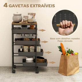 Carrinho de Cozinha de Armazenamento de 5 Níveis Carrinho Auxiliar com Rodas Bancada com Efeito Madeira 39,5x24x82 cm Preto