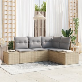 Conjunto de Sofá de Jardim de 4 Peças com Almofadas em Bege e Rattan P