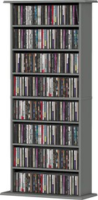 Organizador para CD e DVD com 8 compartimentos e 6 prateleiras ajustáveis, capacidade máxima de 360 CD/185 DVD e Blu-ray, cinzento