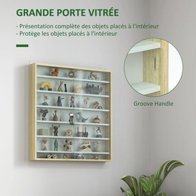 Vitrine para coleção, vitrine de parede, 80 x 9,5 x 83 cm, 6 prateleiras com altura ajustável, 2 portas de correr em vidro branco, e cor carvalho