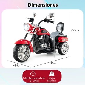 Moto estilo chopper Crianças a bateria 6V 91 x 48 x 64 cm com música, marcha à frente e atrás, experiência de condução realista vermelha