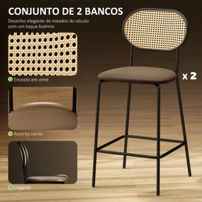Conjunto de 2 Bancos de Bar Bancos Altos de Cozinha com Encosto em Vime Assento em PU Estrutura de Aço 45x50x97 cm Castanho