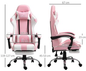 Cadeira de Gaming Reclinável Giratória com Apoio para a Cabeça Apoio para os Pés e Almofada Lombar 64x67x119-127 cm Rosa