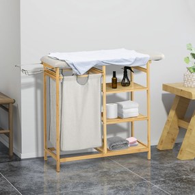 Cesto de Roupa Suja 57,4 L com Tábua de Passar Suporte para Ferro 3 Prateleiras e Bolsa Removível 113x34x82 cm Madeira e Cinza