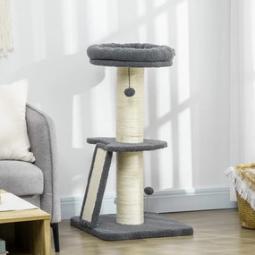 Árvore para gatos com arranhador em forma de tronco de sisal, bolas suspensas e plataforma de observação, altura 92 cm - cinzento