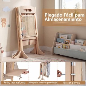 Torre de Aprendizagem Infantil Dobrável, 83,5 x 73 x 93 cm, 3 Níveis Ajustáveis, Natural