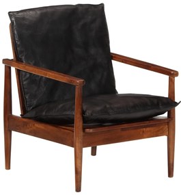 Cadeira c/ apoio braços couro genuíno e acácia maciça preto