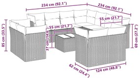 12 pcs conj. sofás jardim com almofadões vime PE cinzento-claro