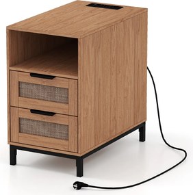 Mesa de cabeceira, Mesa apoio 60 x 35 x 61 cm em rattan com estação de carregamento e 2 gavetas estilo boho Natural e preto