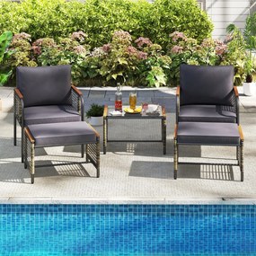 Conjunto de jardim 5 peças Rattan com Almofadas 2 Pufes Mesa de Vidro temperado cinzento