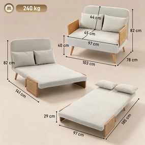 Sofá-cama de 2 lugares pequeno 103 L x 78 P x 82 A cm, 3 em 1 em chenille de 103 cm, encosto ajustável, 2 almofadas, braços em madeira, creme
