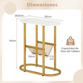 Mesa apoio, mesa de cabeçeira Estreita 60 x 28,5 x 64 cm com Tampo de Imitação Mármore  e Suporte para Revistas Estrutura Metálica Dourada e Branco