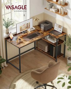 Secretária de canto 120 x 80 cm em forma de L com prateleira ajustável em altura, castanho vintage