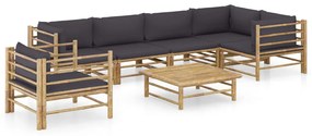 7 pcs conj. lounge jardim em bambu c/ almofadões cinza-escuro