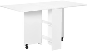 HOMCOM Mesa de Sala de Jantar Dobrável Mesa de Madeira com 2 Prateleiras de Armazenamento e Rodas para Cozinha 75x140x74 cm Branco