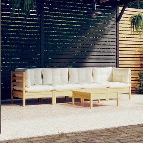 vidaXL 5 pcs conjunto lounge jardim c/ almofadões creme pinho maciço