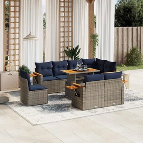vidaXL 9 pcs conjunto sofás p/ jardim c/ almofadões vime PE cinzento