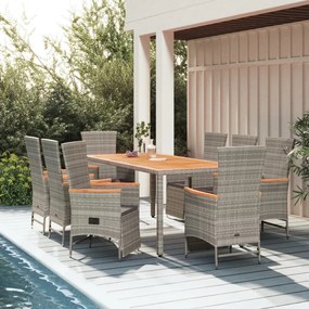 vidaXL 9 pcs conjunto de jantar p/ jardim c/ almofadões vime PE cinza